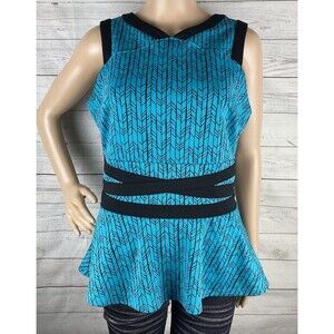Worthington Sleeveless Peplum Shirt Medium Turquoise Black Patterned Back Zipper